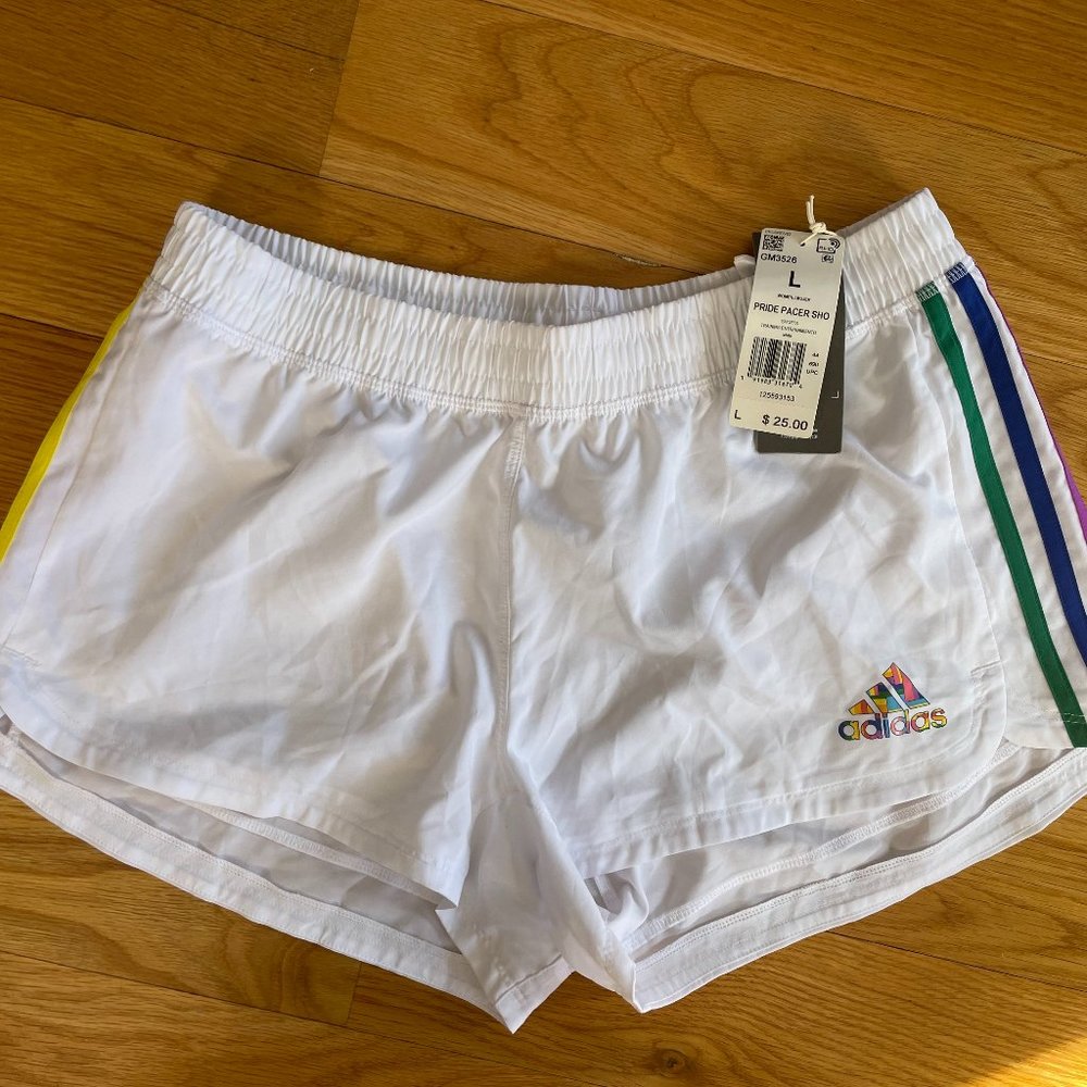 NEW WITH TAGS: ADIDAS PACER SHORTS | WOMEN'S LARGE | WHITE AND RAINBOW